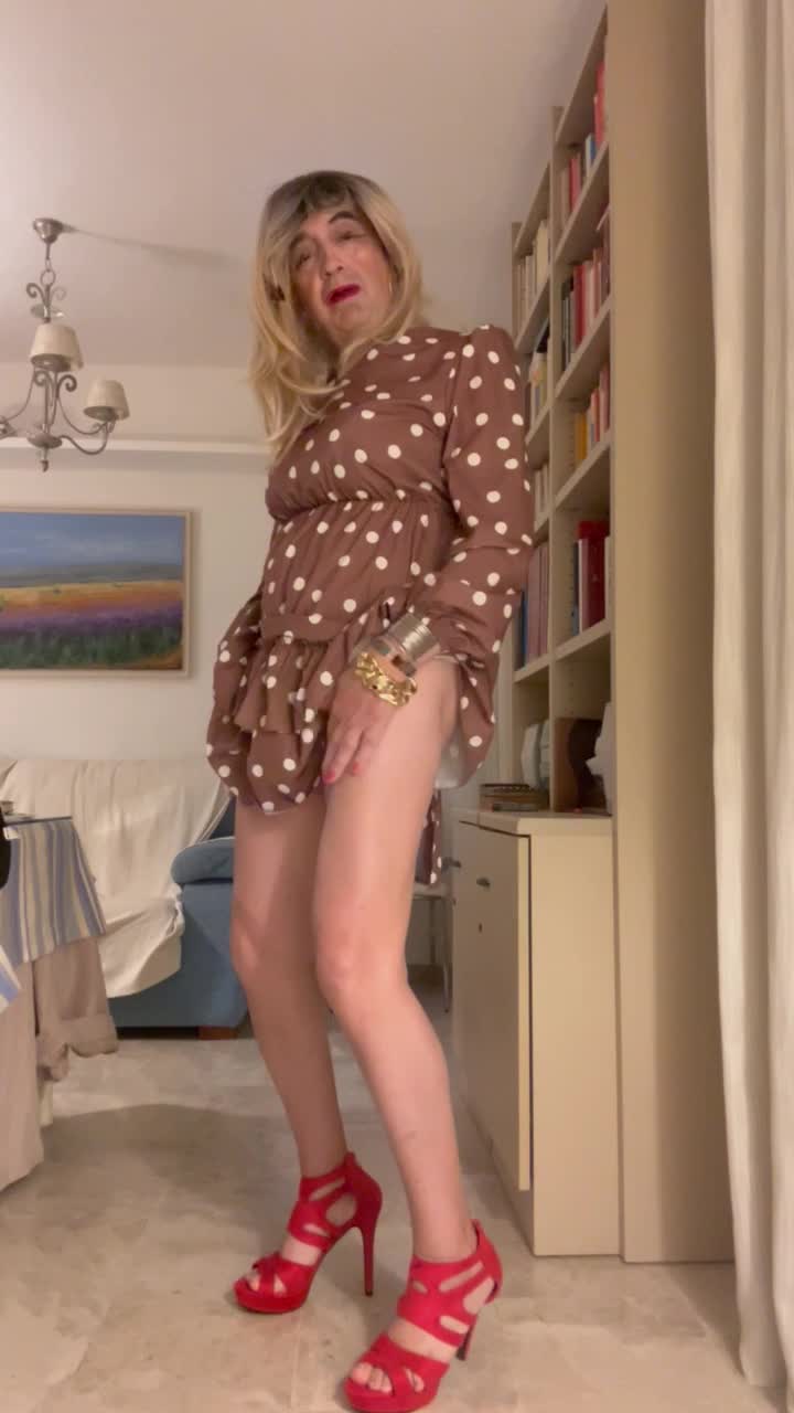 Daniela Monroe  in beautiful polka dot dress, high red heels, anal